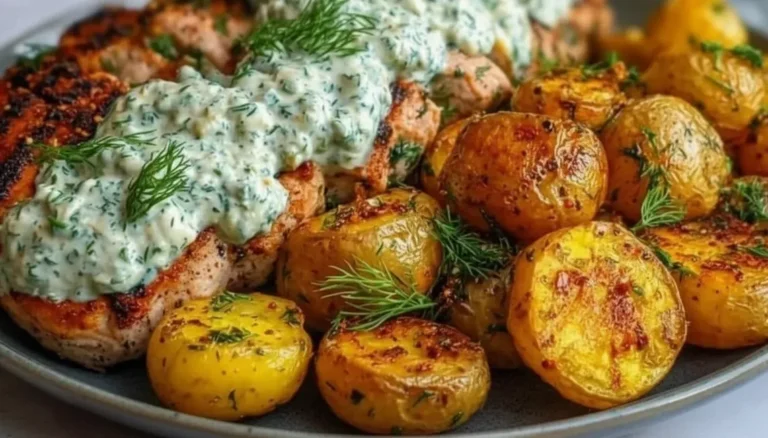 Spicy Yogurt Marinated Chicken with Dill Feta Cream & Crispy Potatoes