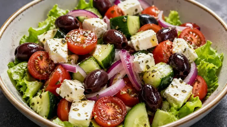 Greek Salad With Olives, Lettuce, Red Onions, and Feta Cheese