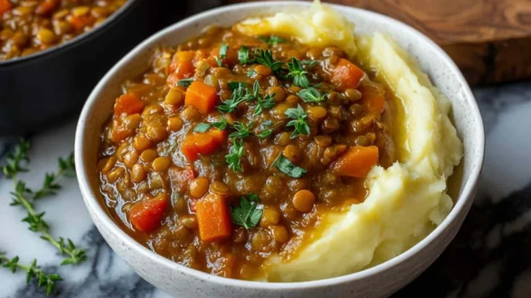 High Protein Lentil Stew Over Mashed Potatoes