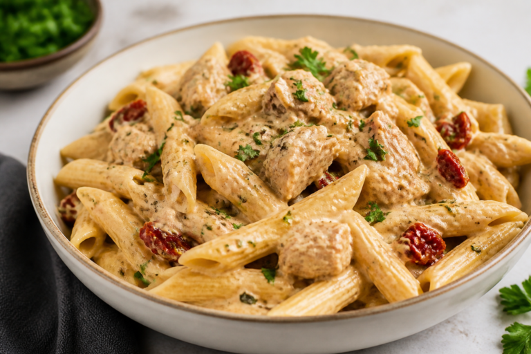 Garlic & Tuscan Herb Tuna Penne Pasta in Creamy Sun-Dried Tomato Sauce