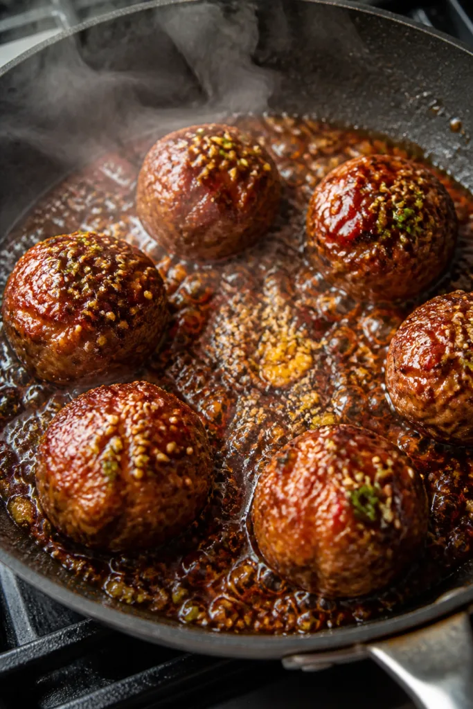 5-inch meatballs as glossy soy-brown sugar–sesame glaze is just poured in and begins to bubble and
