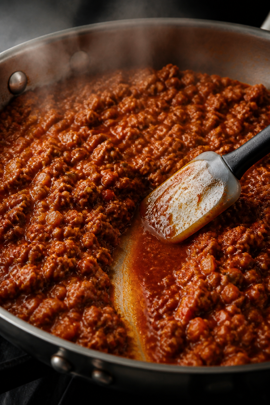 Close-up cooking process: Lean turkey Sloppy Joe filling simmering in a wide stainless skillet, thic