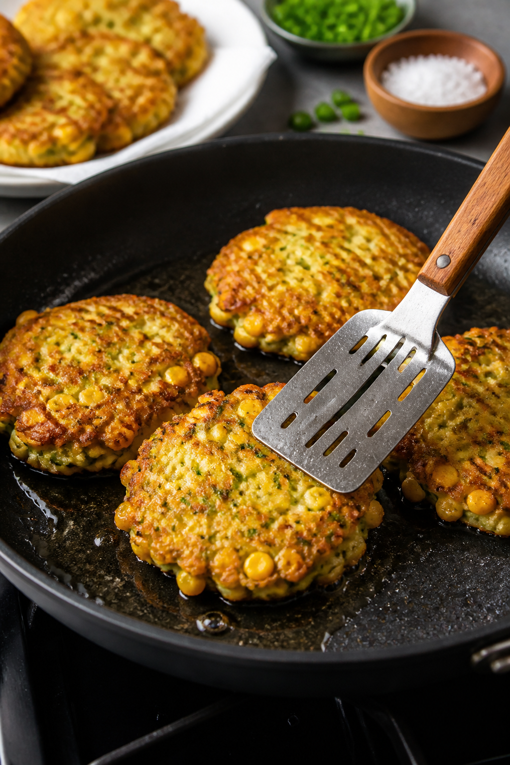 Close-up cooking process: Zucchini and corn fritters sizzling in a nonstick skillet, mid-fry, deeply
