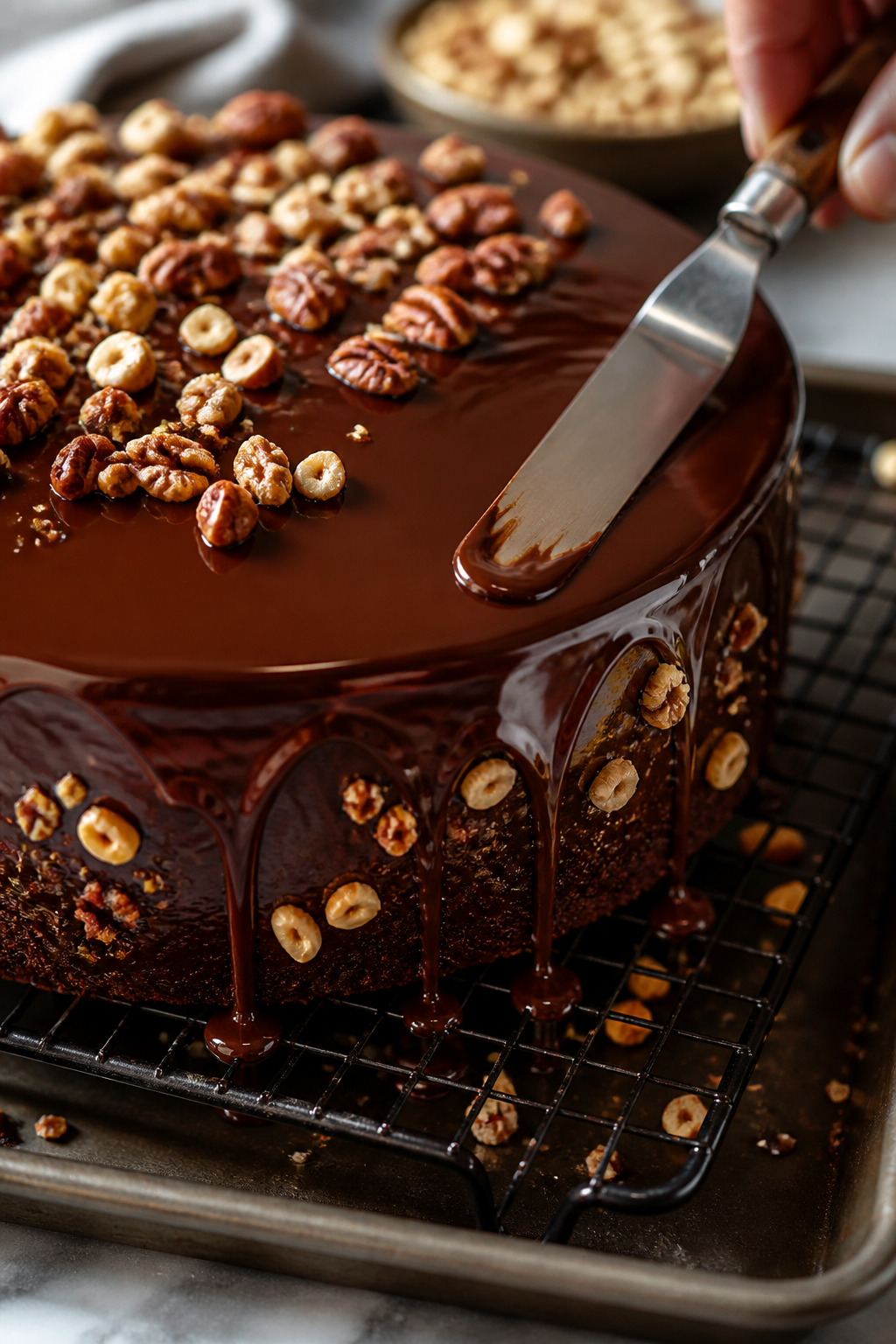Close-up detail: A freshly glazed 9-inch chocolate cake on a wire rack over a sheet pan, the mirror-