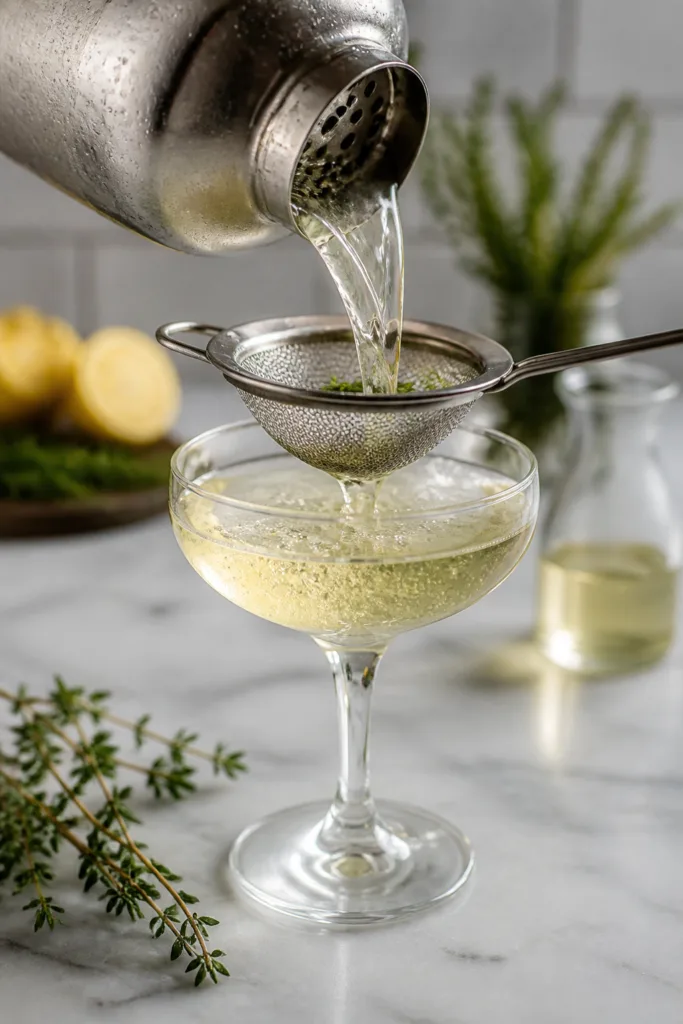 Close-up detail/action shot: A chilled metal cocktail shaker mid-shake being cracked open to reveal