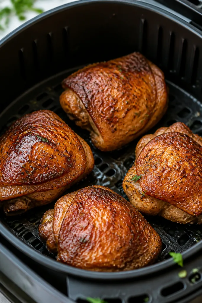 Close-up detail and cooking process: Crispy air-fried chicken thighs in the basket mid-cook, skin-si