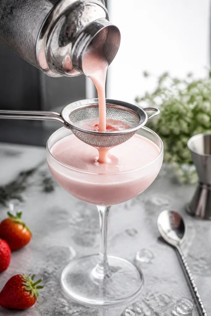Close-up detail and process: A frosty stainless cocktail shaker just opened after a hard shake, pale