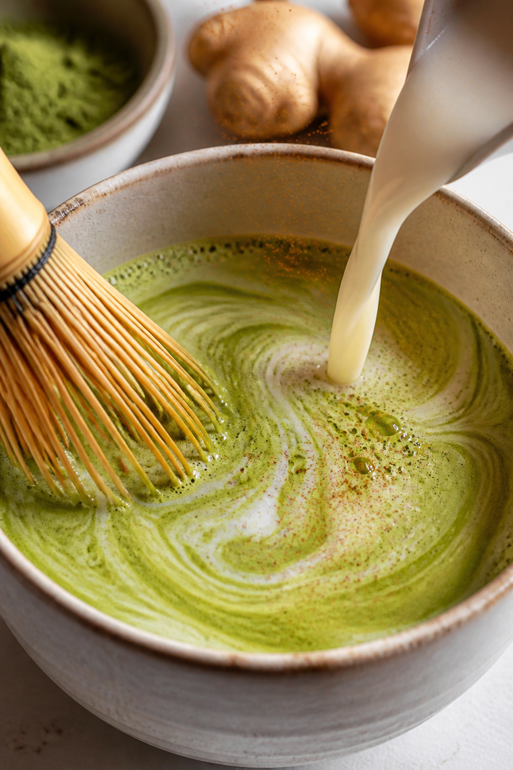 Close-up detail and process: A steaming mug-sized bowl of freshly whisked matcha-ginger mixture with