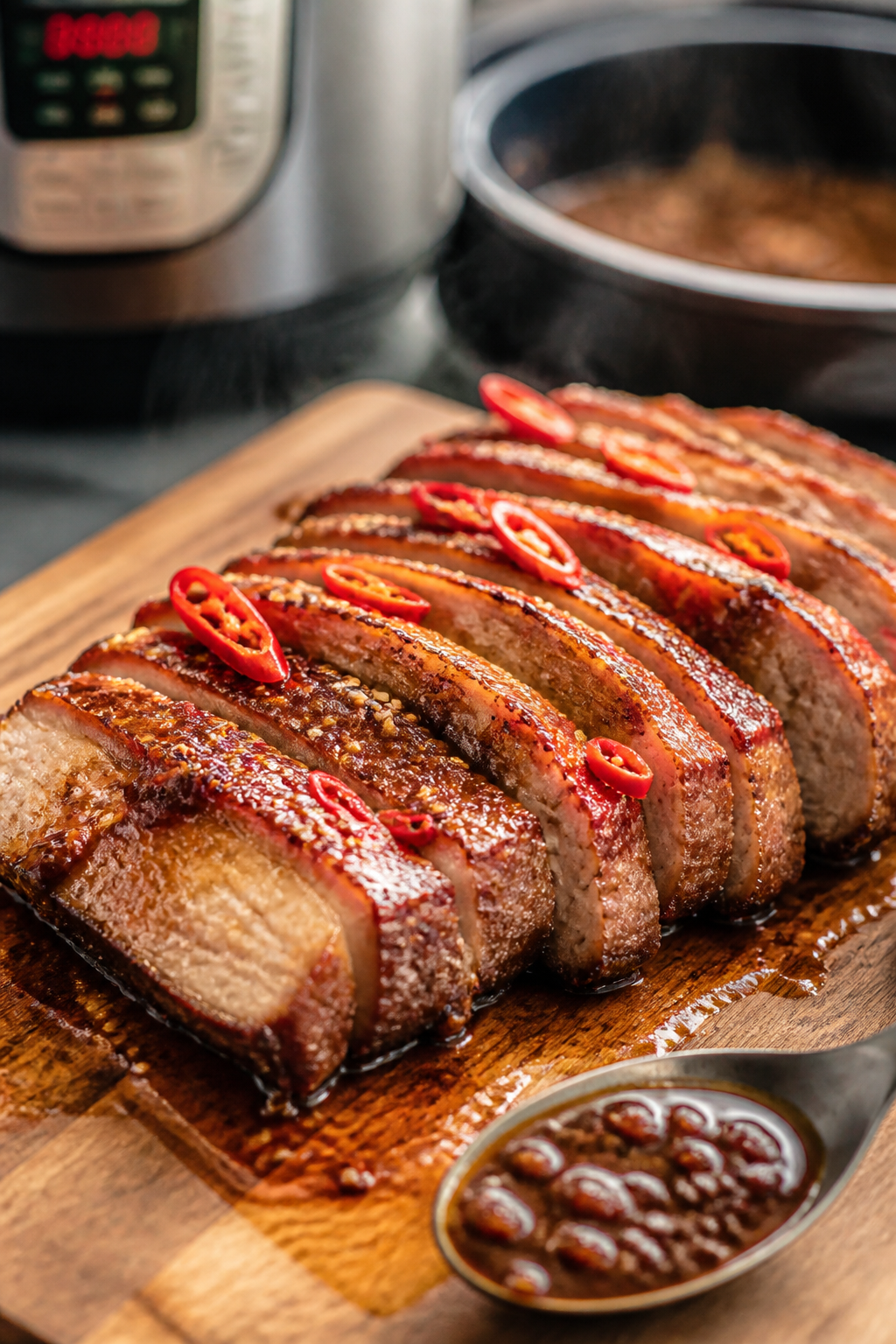 Close-up detail and process: Sliced, pressure-cooked pork belly just after reducing the Instant Pot 