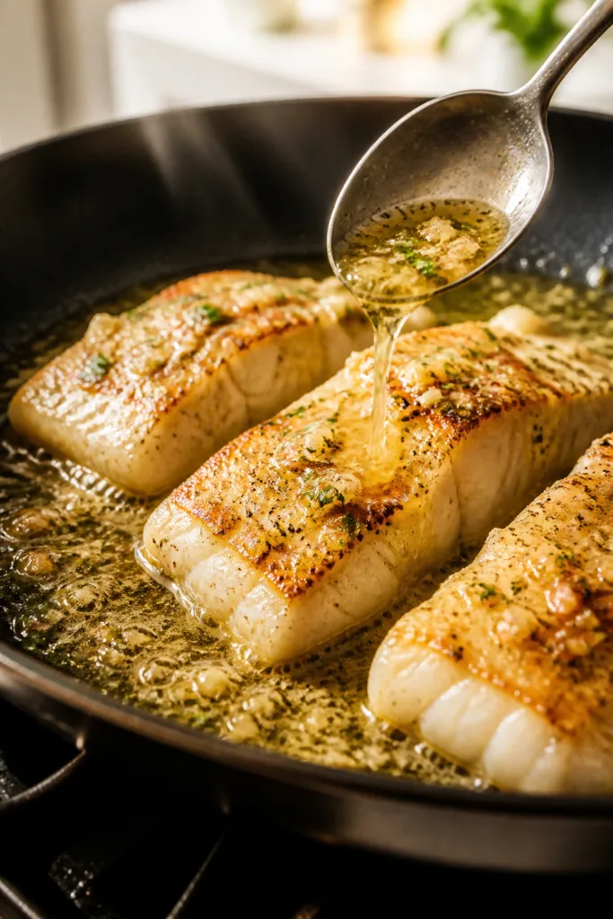 Close-up detail, cooking process: Golden-seared cod fillets in a large nonstick skillet mid-cook, ed