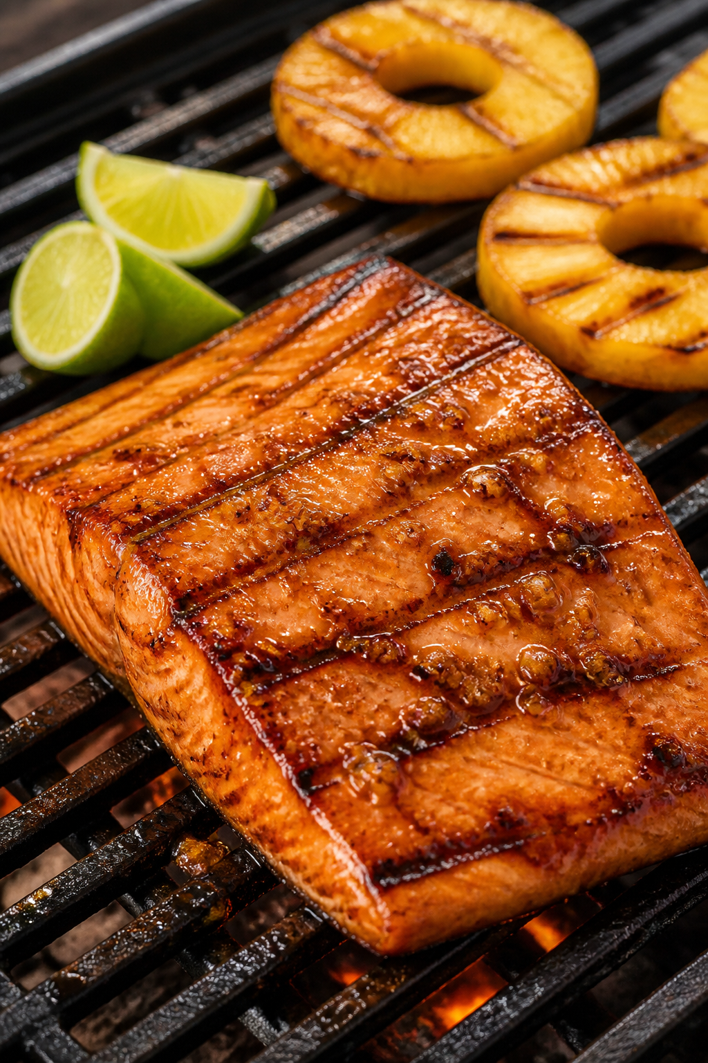 Close-up detail, cooking process: Salmon fillet skin-side down on hot grill grates at medium-high he