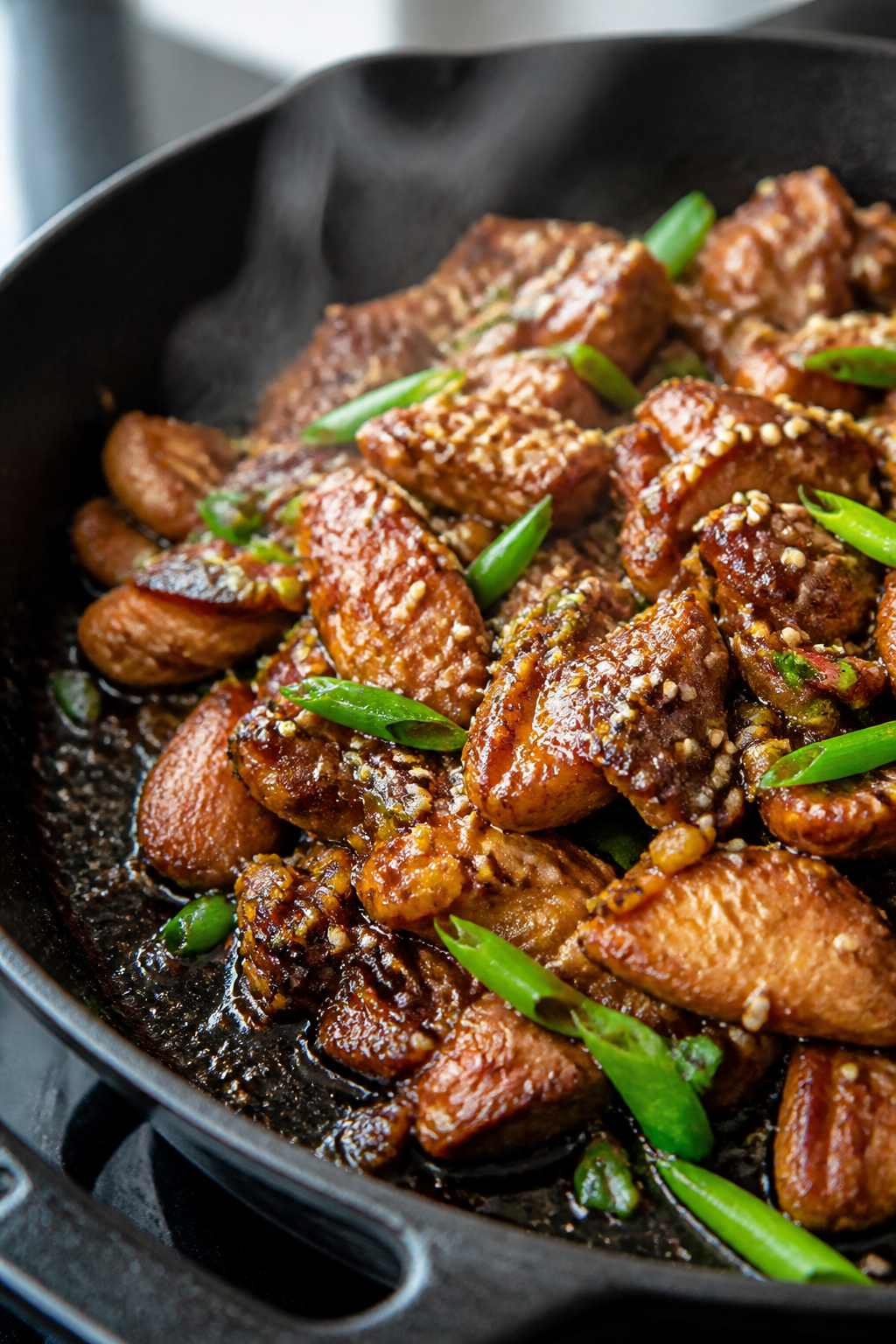 Close-up detail/cooking process: Thin-sliced bulgogi-style chicken thighs searing in a ripping-hot s