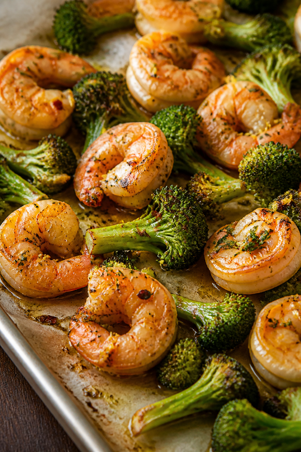 Close-up detail: Juicy baked shrimp nestled among caramelized broccoli florets on a parchment-lined 