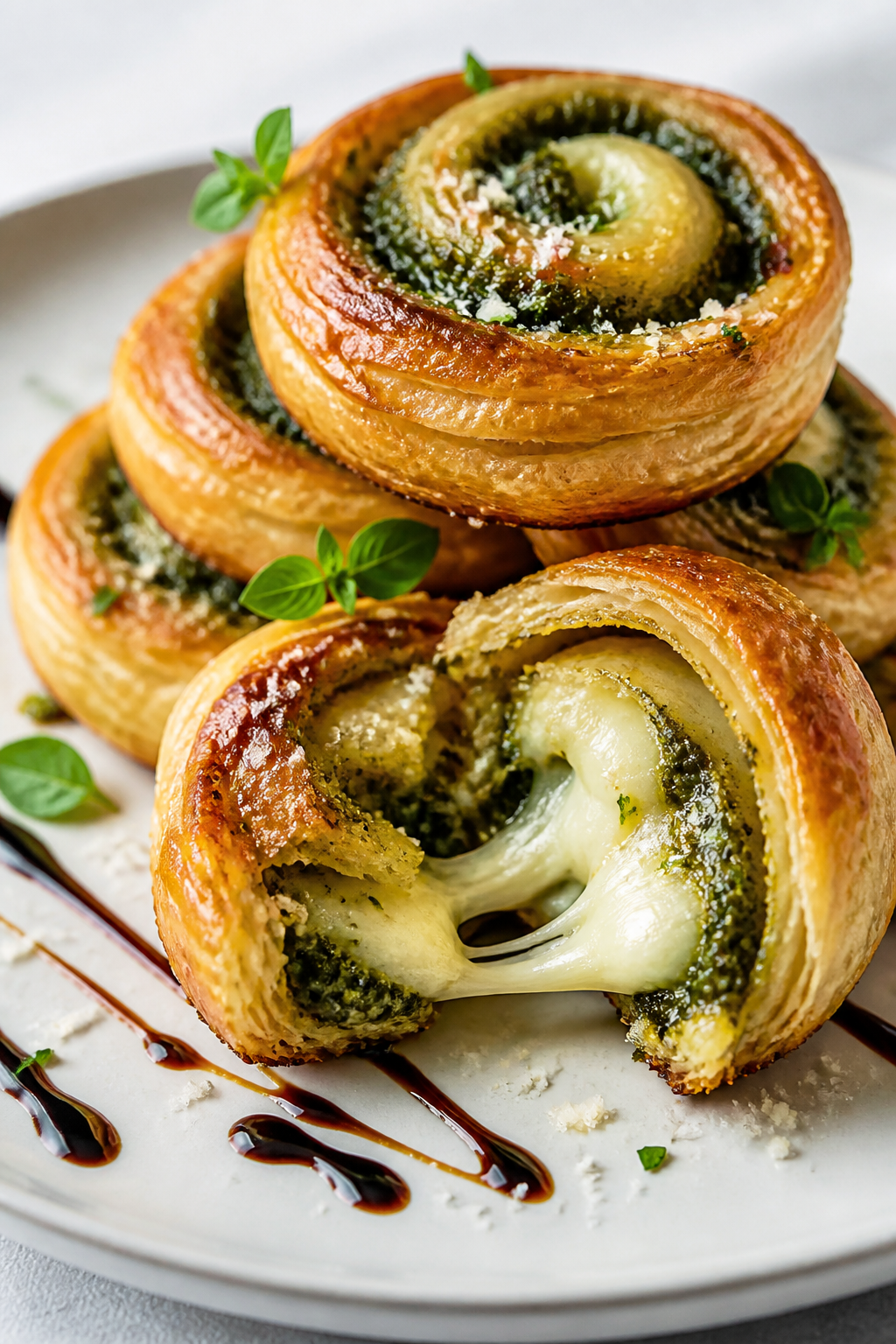 Close-up detail of a plated stack of mozzarella and pesto pinwheels served warm on a matte white pla