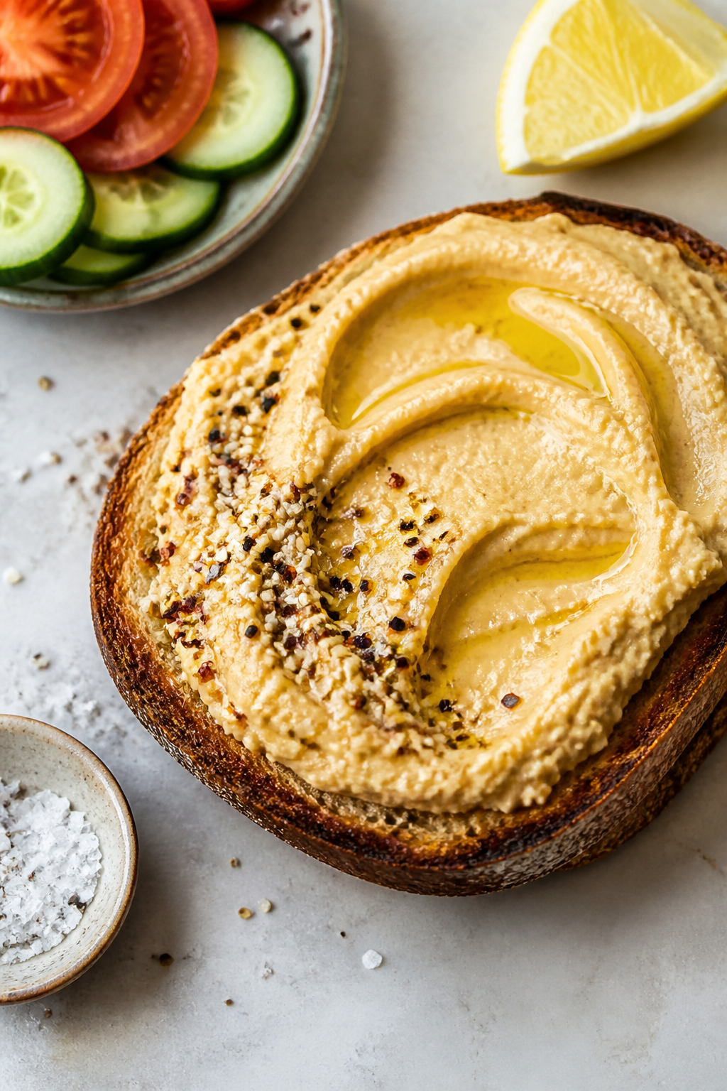 Close-up detail of hummus toast being assembled: a thick, creamy layer of lemon-seasoned hummus spre