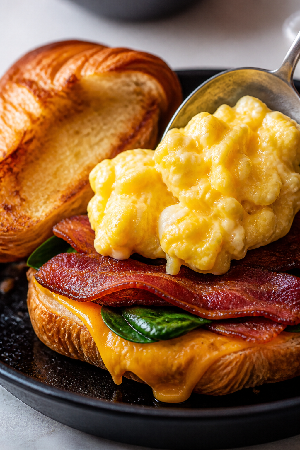 Close-up detail of the assembly moment: toasted, flaky croissant halves in a skillet, cut-sides gold