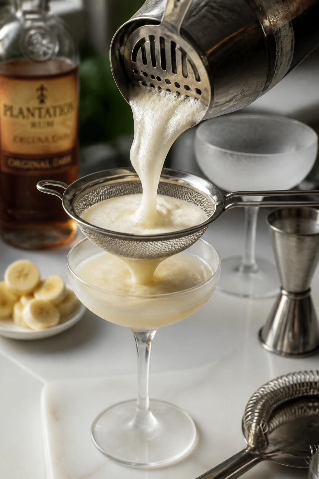 Close-up detail, process shot: Banana Rum Cream Cocktail being shaken without a blender. A stainless