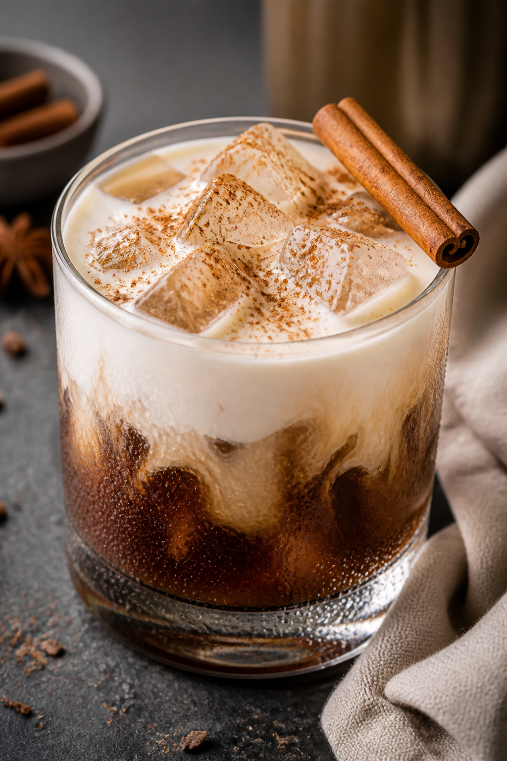 Close-up detail shot: A chilled rocks glass filled with a layered Vanilla Chai Tea White Russian, sh