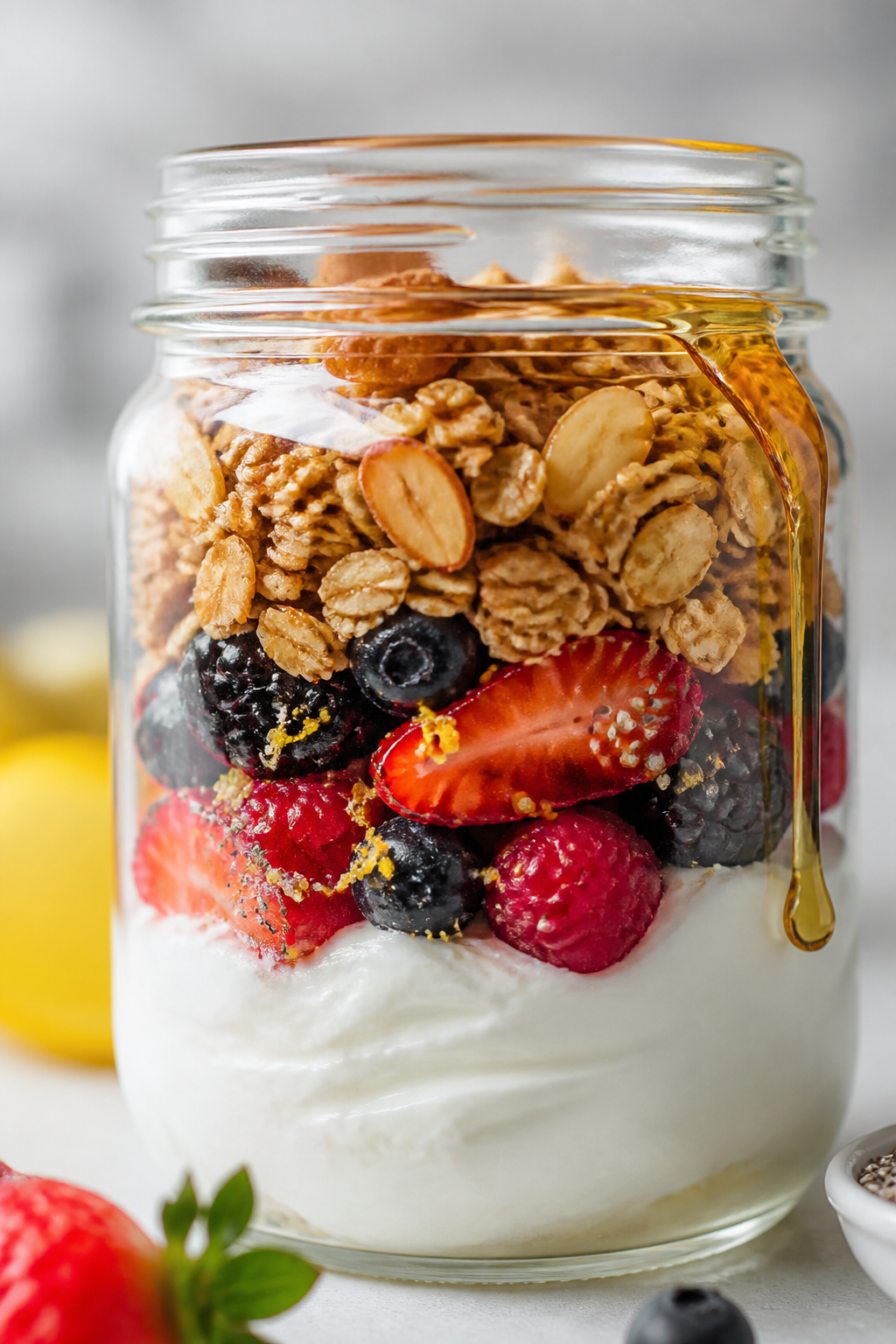 Close-up detail shot: A half-assembled berry parfait in a clear glass jar showing distinct, tidy lay
