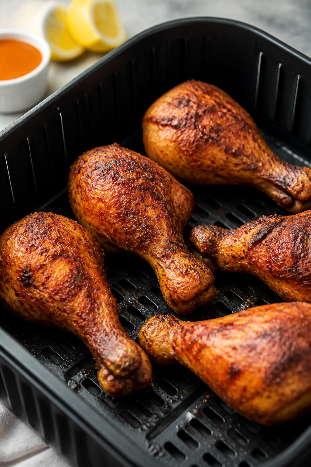 Close-up detail shot: Air-fried chicken drumsticks just out of the basket at 400°F, skin deeply bro