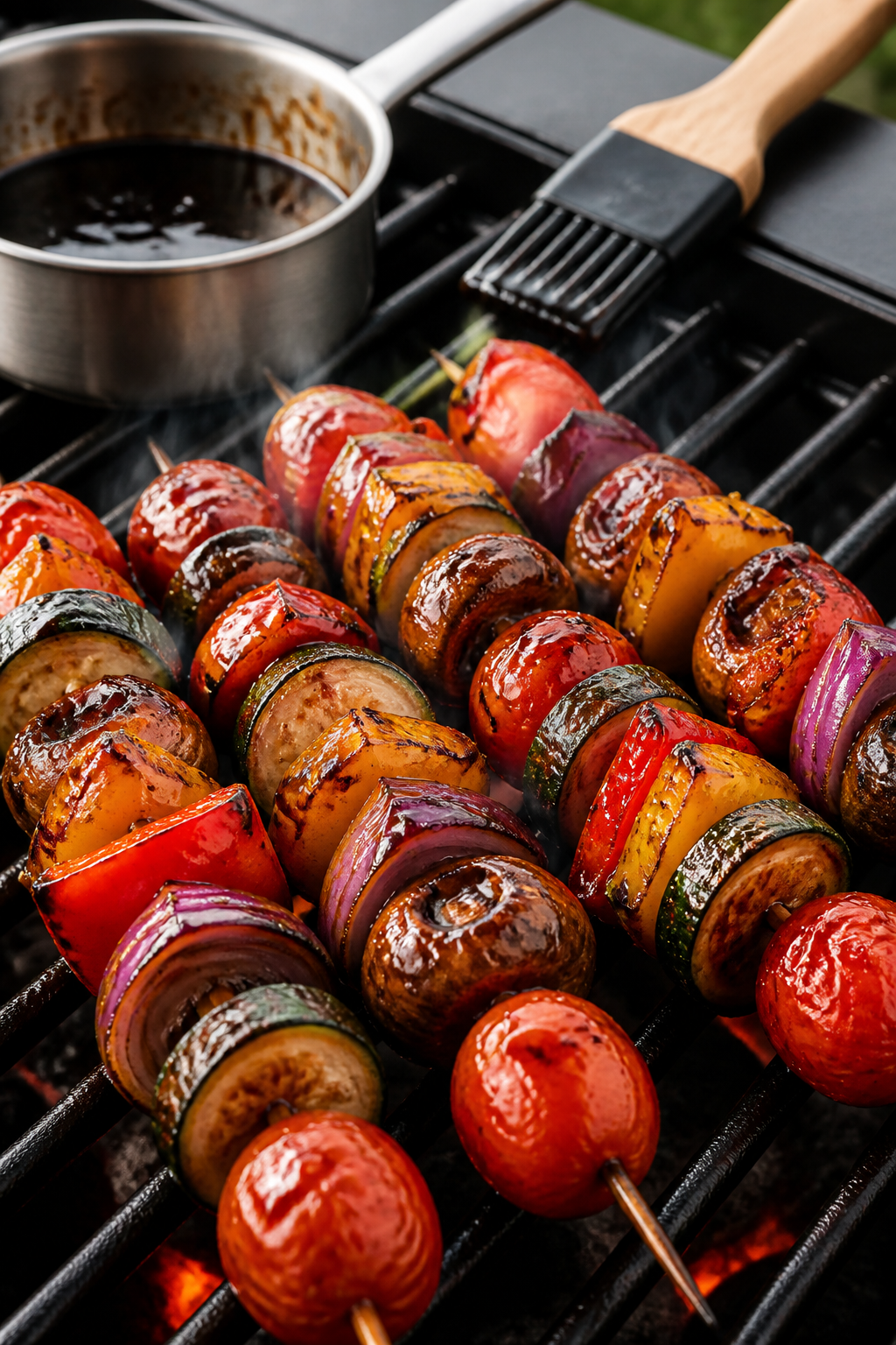Close-up detail shot: Grilled veggie skewers sizzling over medium-high heat on clean, oiled grill gr
