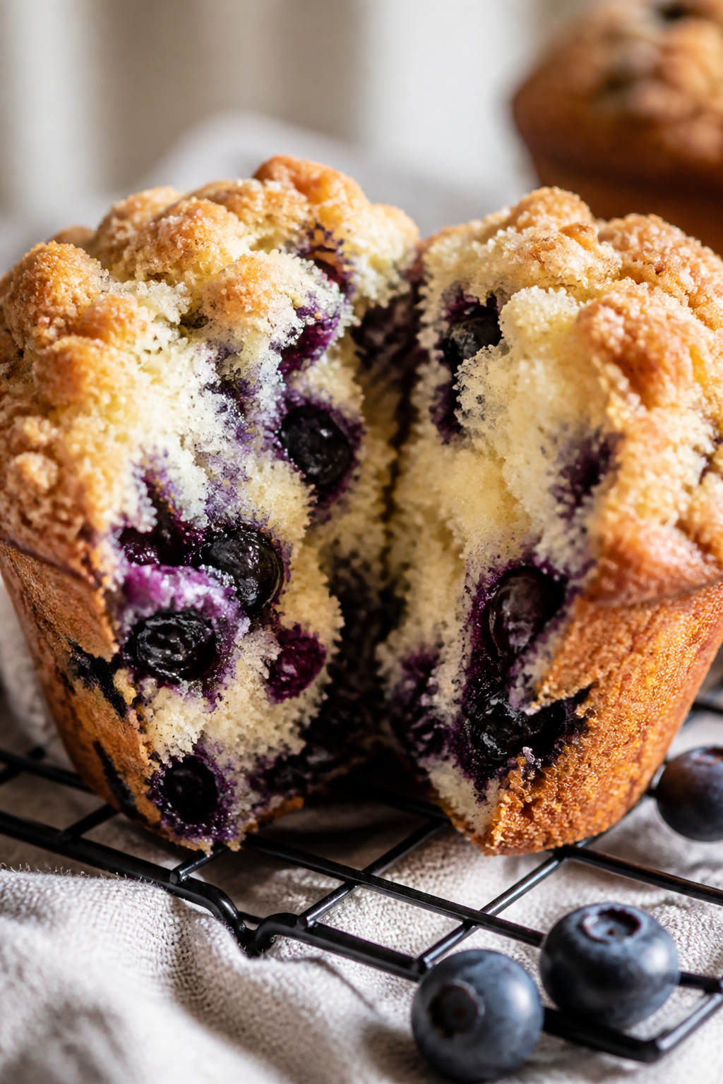 Close-up detail shot of a freshly baked jumbo blueberry muffin split open to reveal a tender, moist 