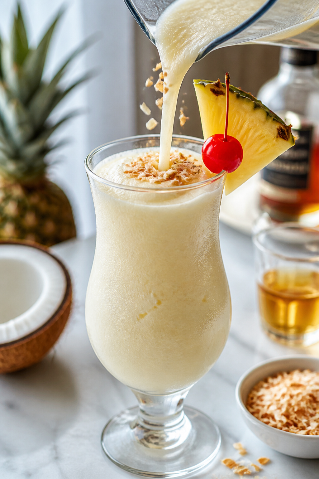 Close-up detail shot of a freshly blended Coconut Cream Piña Colada being poured from the blender i