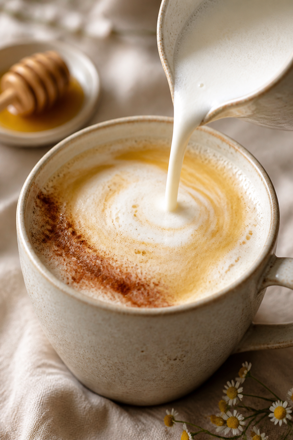 Close-up detail shot of a honey vanilla chamomile tea latte being combined: steaming frothed milk (1