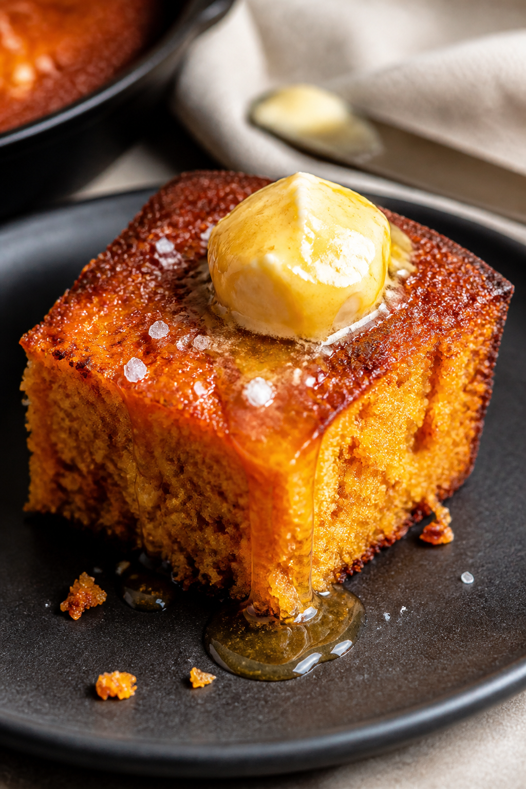 Close-up detail shot of a warm slice of sweet potato cornbread just pulled from a cast-iron skillet,