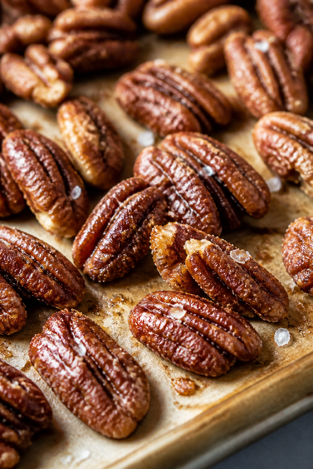 Close-up detail shot of caramelized brown sugar cinnamon roasted pecans just out of the oven on parc