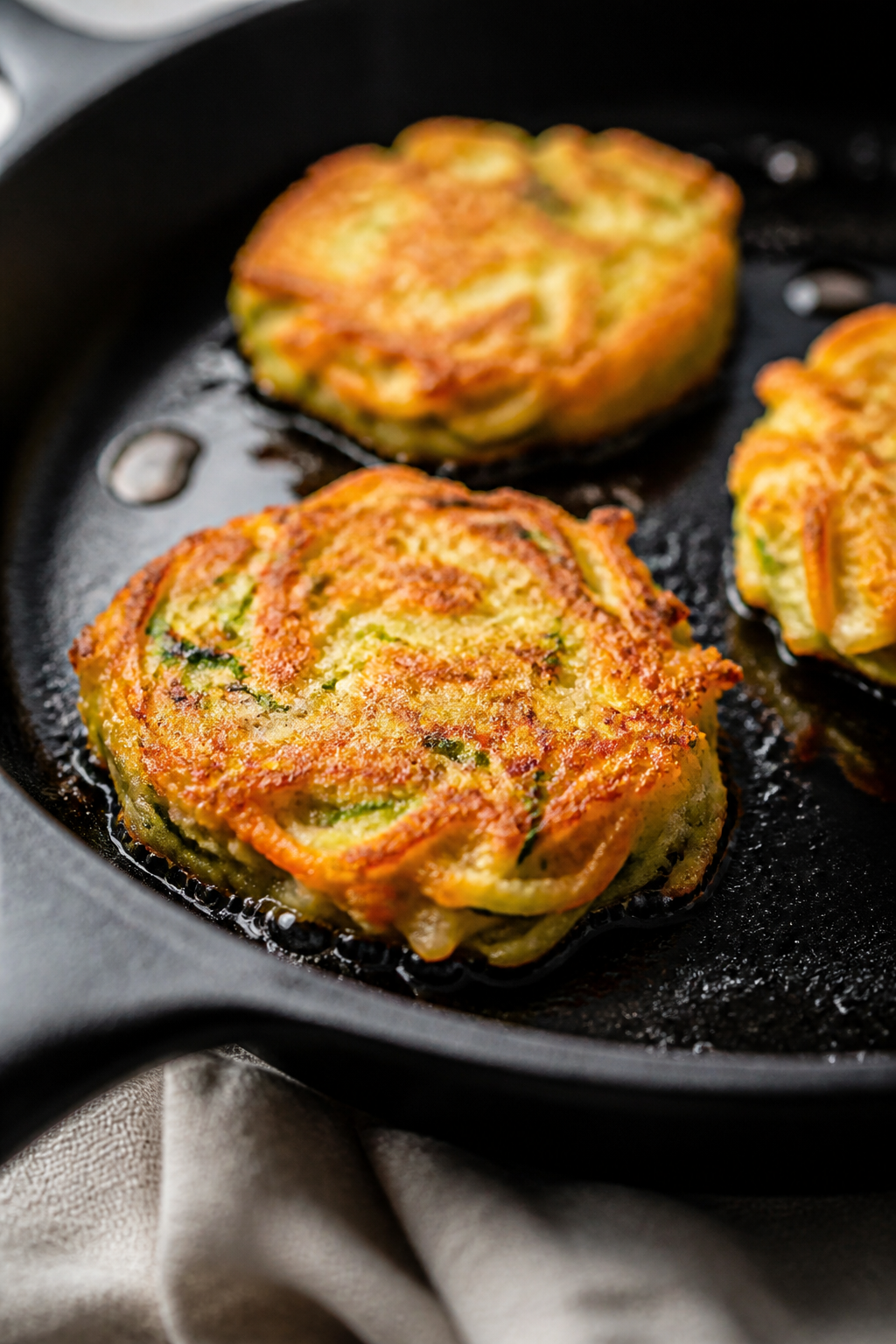 Close-up detail shot of carrot and zucchini fritters sizzling in a cast-iron skillet during cooking,