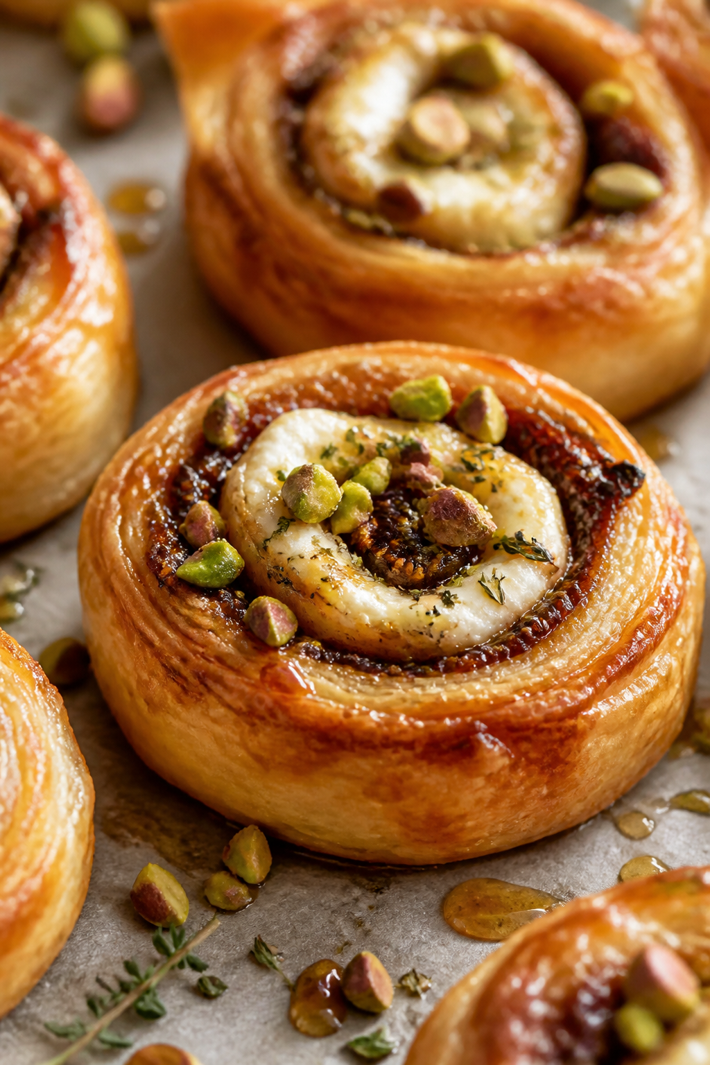 Close-up detail shot of freshly baked fig jam goat cheese pinwheels just out of the oven, golden-bro