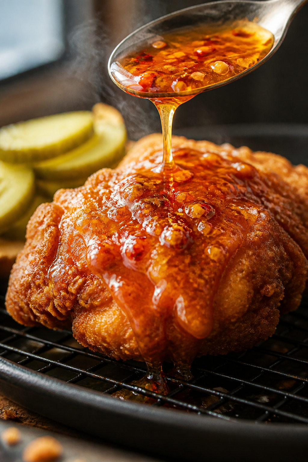 Close-up detail shot of freshly fried chicken thigh being glazed with hot honey: golden, craggy doub