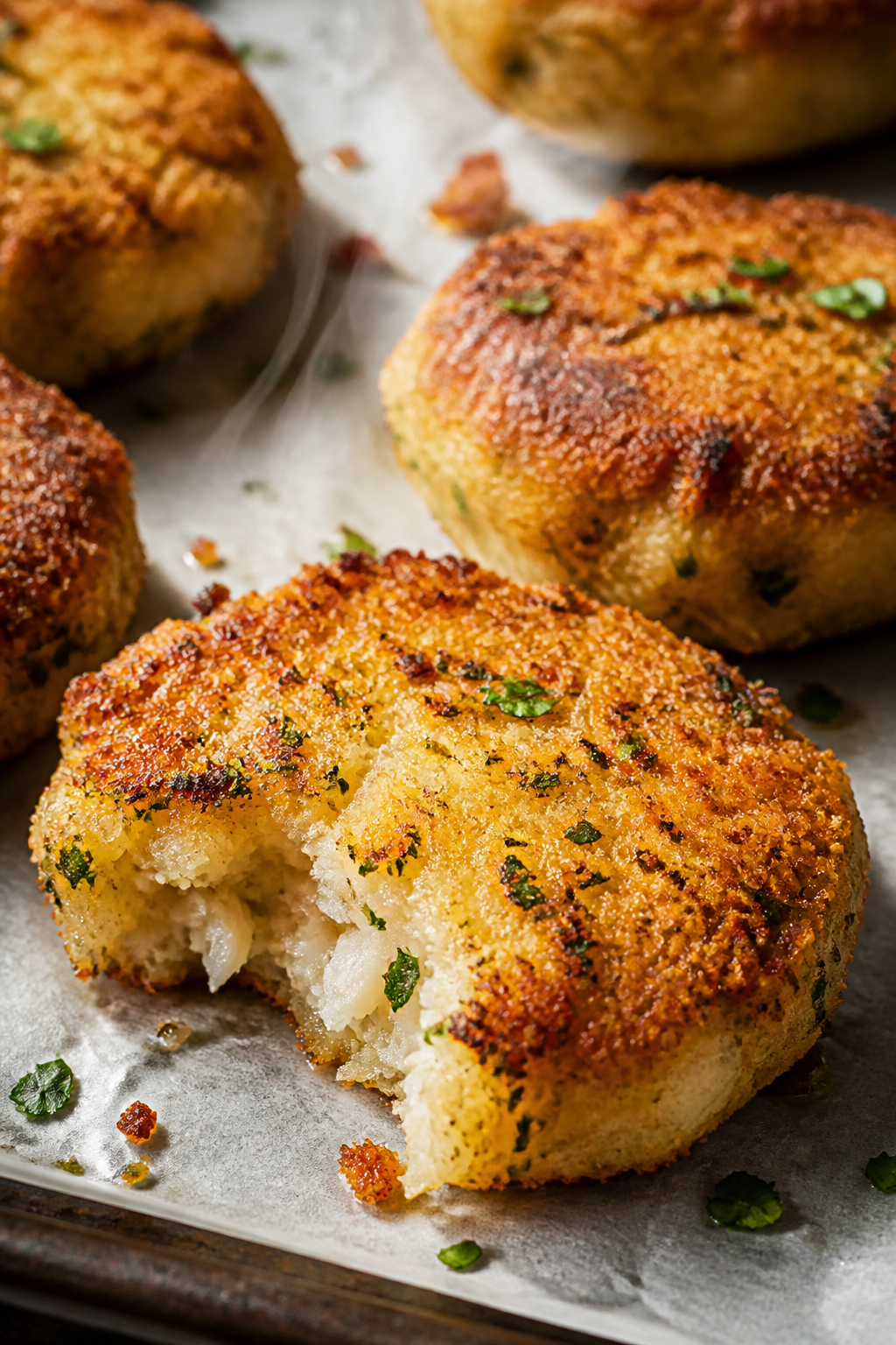 Close-up detail shot of golden oven-baked fish cakes just flipped on a parchment-lined sheet pan at