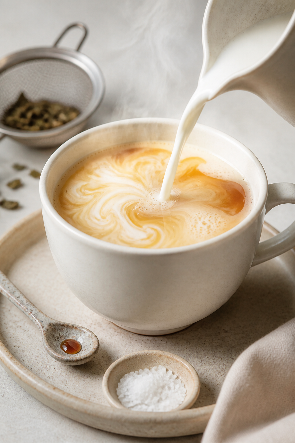Close-up detail shot of hot jasmine milk tea being combined: a stream of steamed milk swirled into f