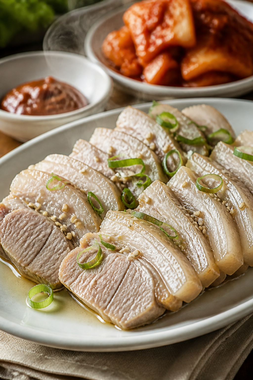 Close-up detail: Sliced Korean bossam (boiled pork belly) just after resting, arranged in a slightly