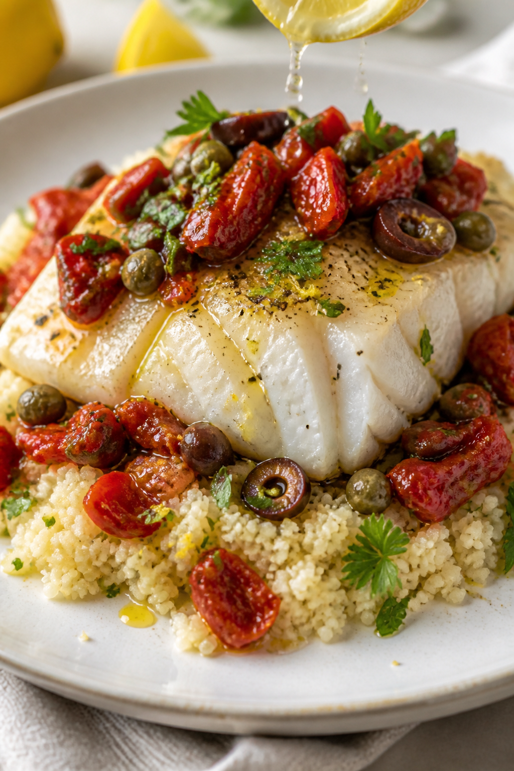 Close-up final plate of the Mediterranean baked fish dinner: thick, perfectly flaky halibut fillet l
