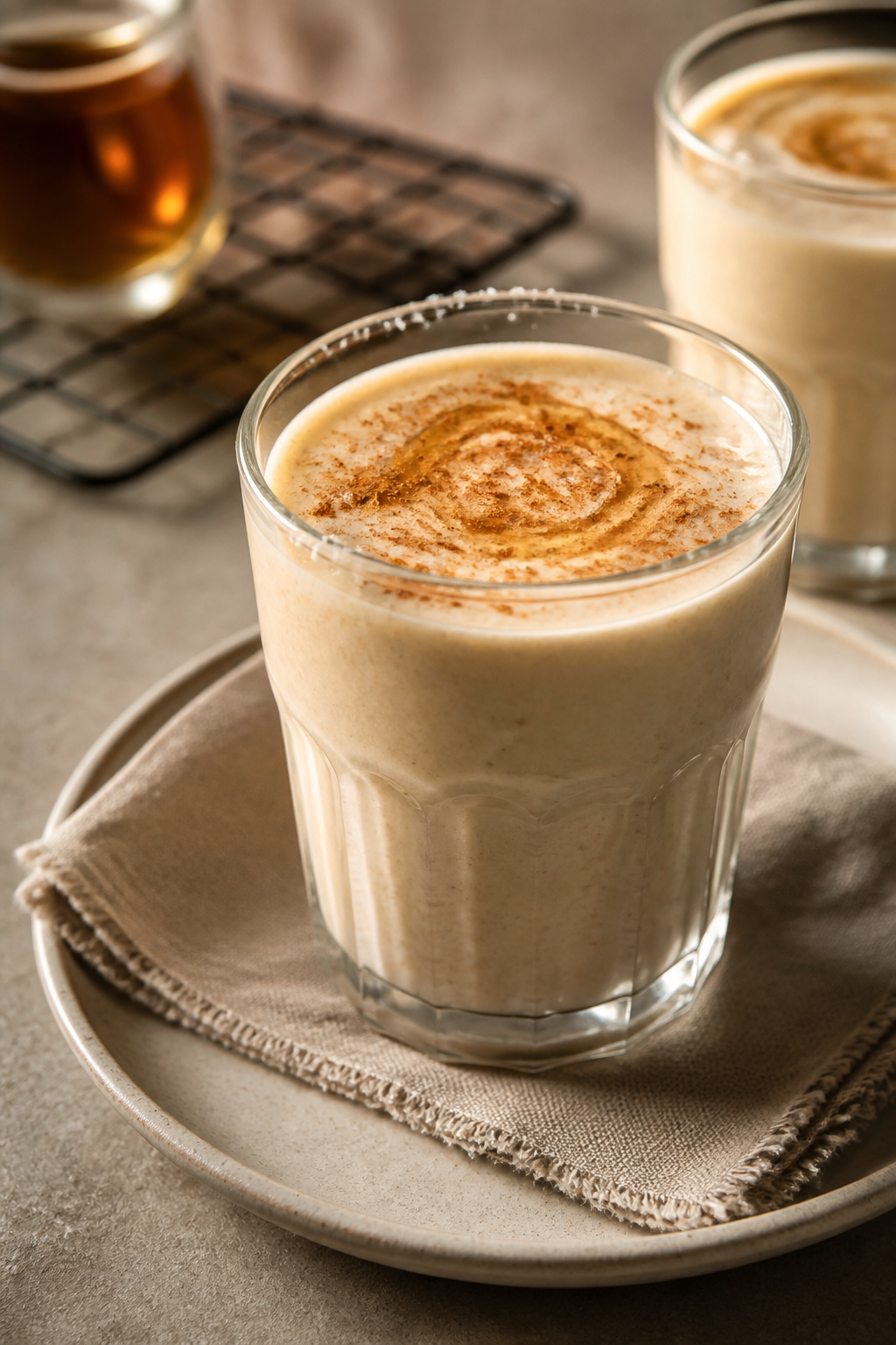 Close-up final presentation of the banana chamomile tea smoothie in a clear tumbler, ultra-creamy an