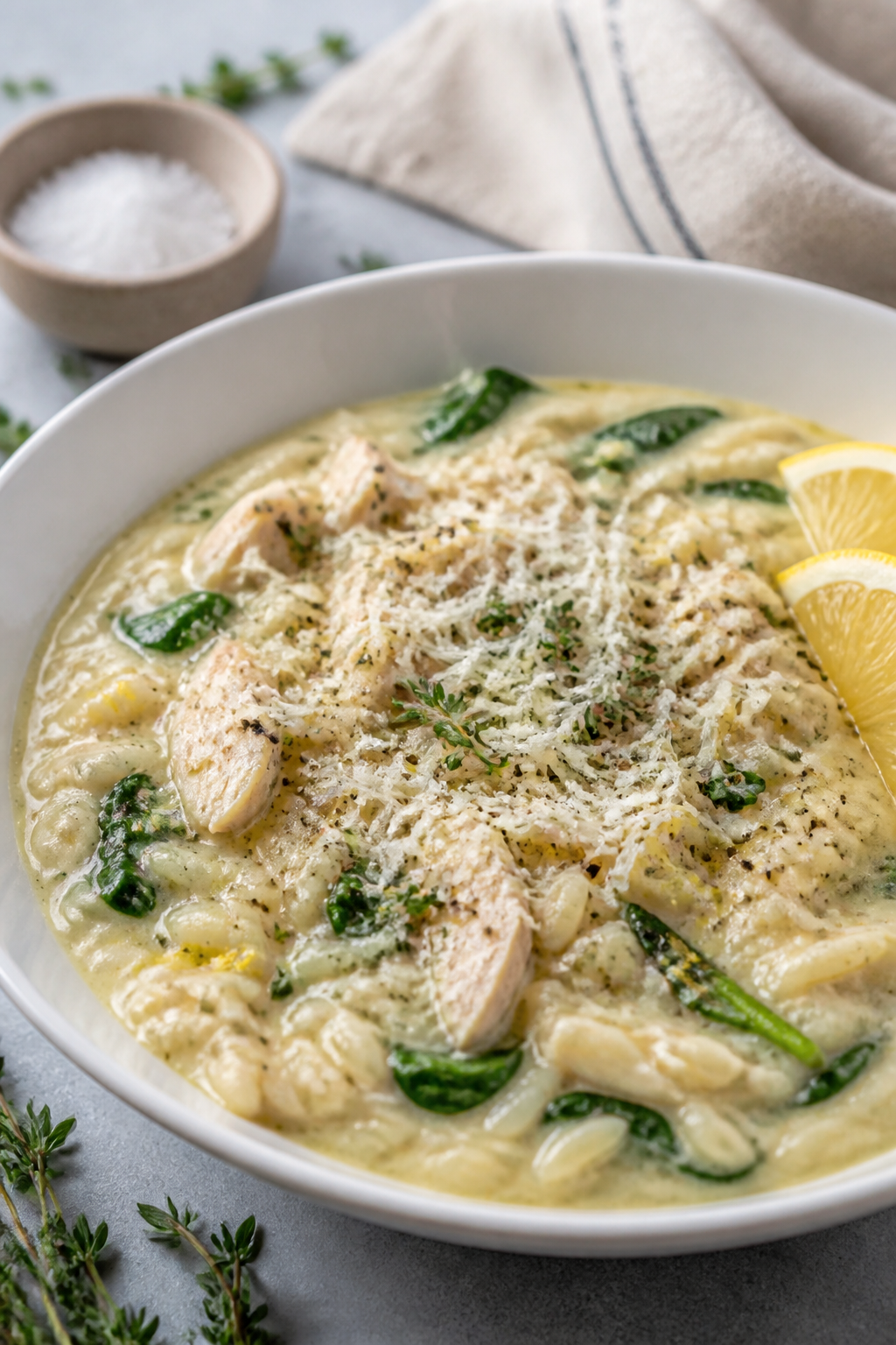 Close-up final presentation of Warm Salt and Lavender Creamy Lemon Chicken Orzo Soup ladled into a w