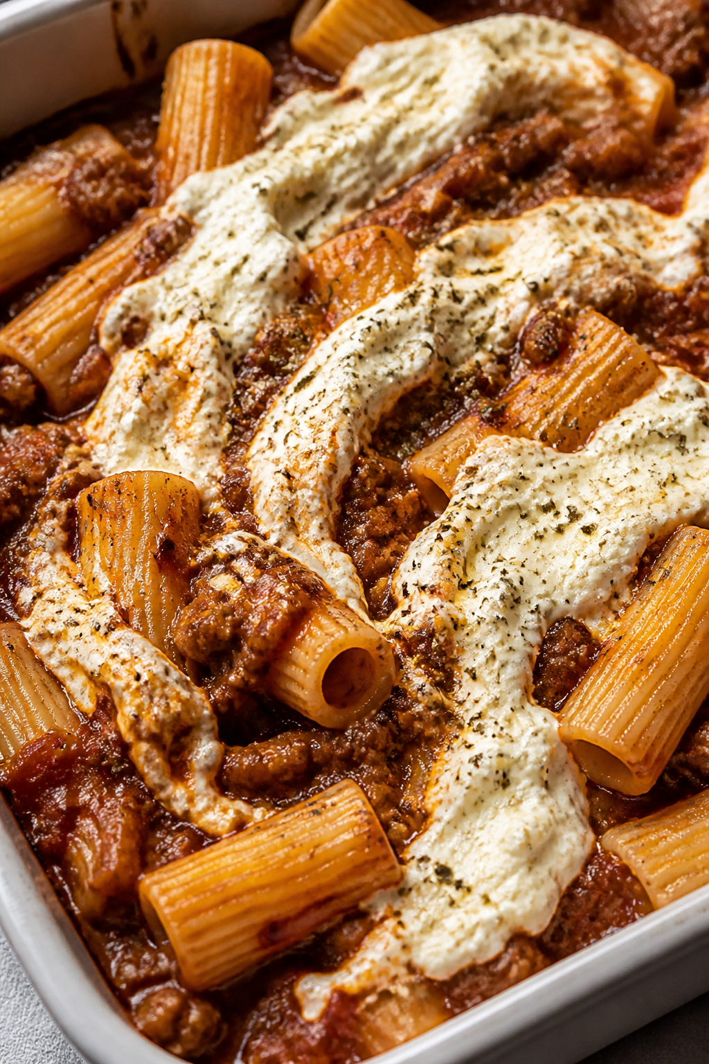Close-up process detail of the layered bake before final cheese topping: rigatoni tossed in glossy m