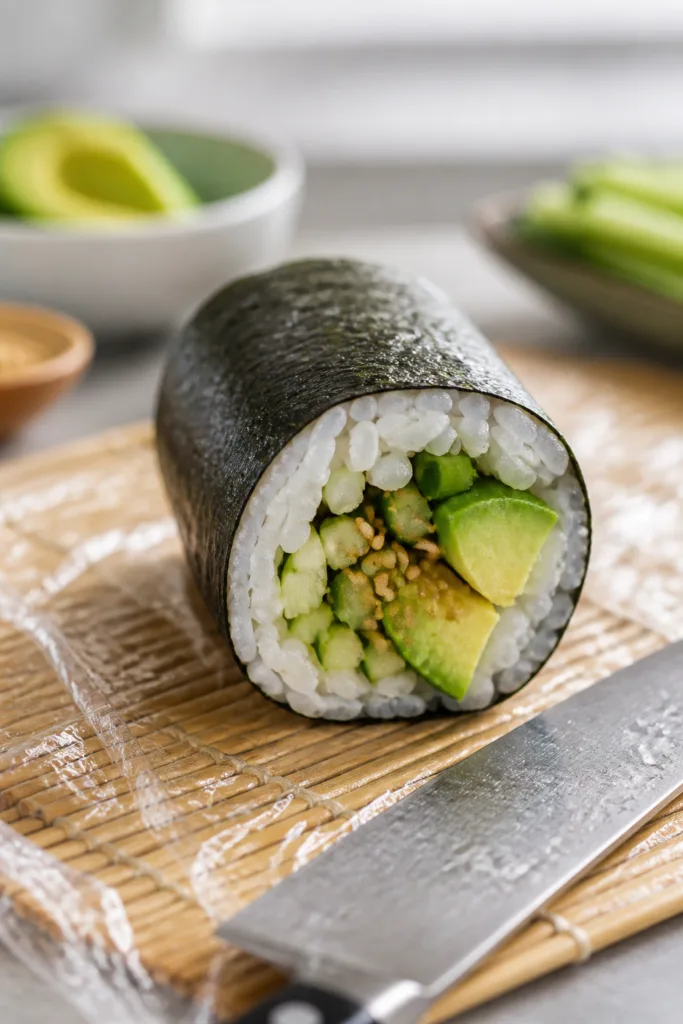 Close-up process shot: A freshly rolled vegan avocado-cucumber maki on a bamboo mat wrapped in plast
