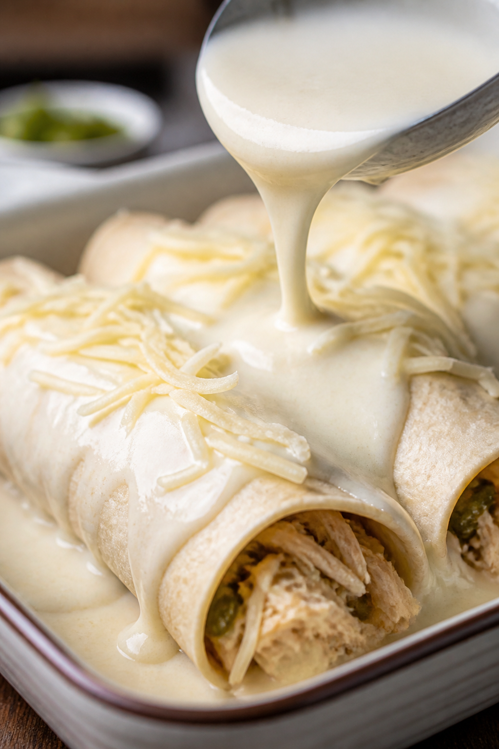 Close-up process shot of a single enchilada being sauced and finished before baking: a warm flour to