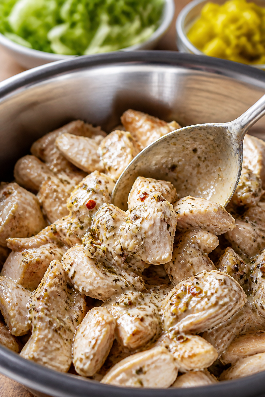 Close-up process shot of the “dressed chicken” step: warm-to-room-temp chopped chicken in a stai