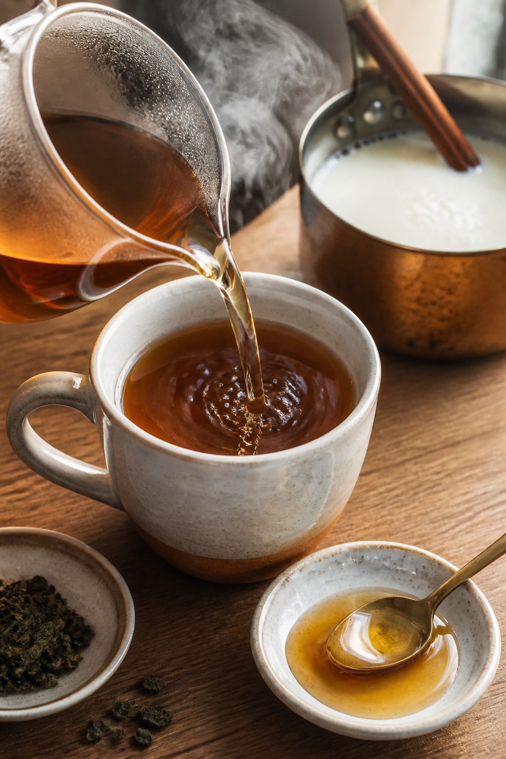 Close-up process shot: Steaming hot oolong tea being poured from a small glass server into a ceramic