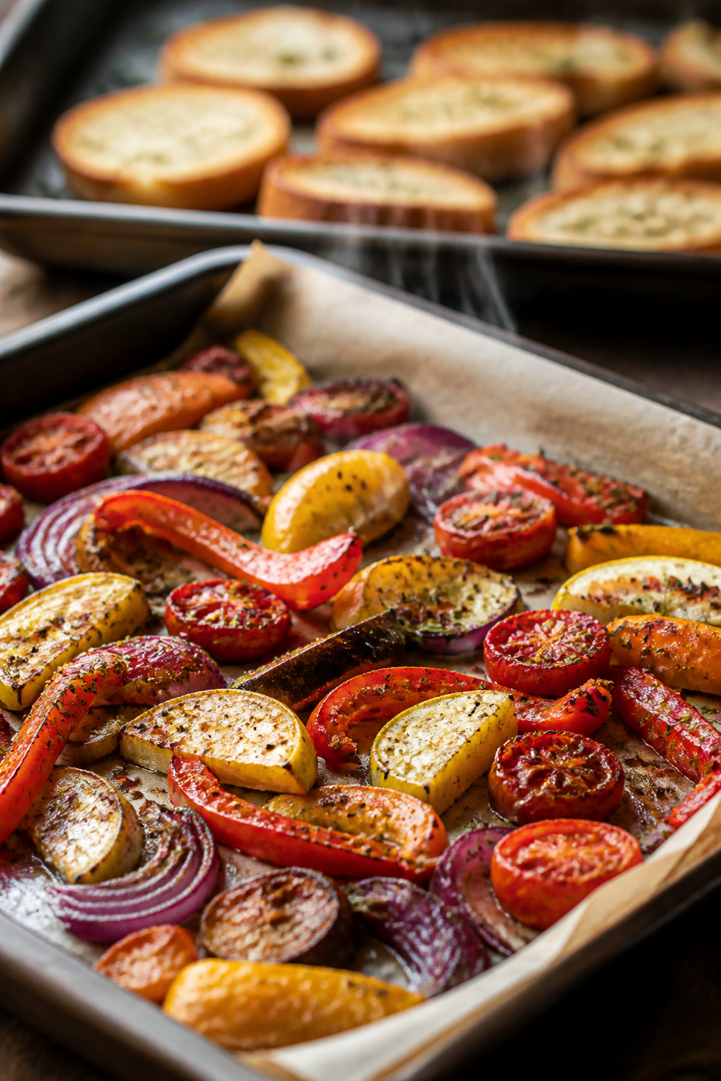 Close-up, three-quarter angle cooking-process shot: caramelized roasted vegetables just out of the o