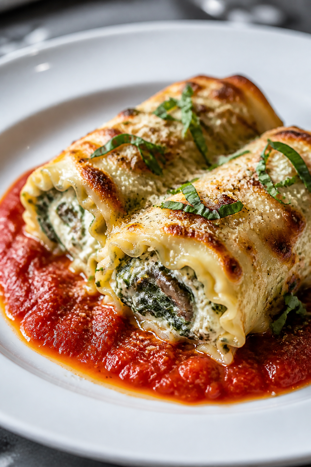 Close-up, three-quarter angle of a plated serving: two lasagna roll ups on a wide white rimmed plate