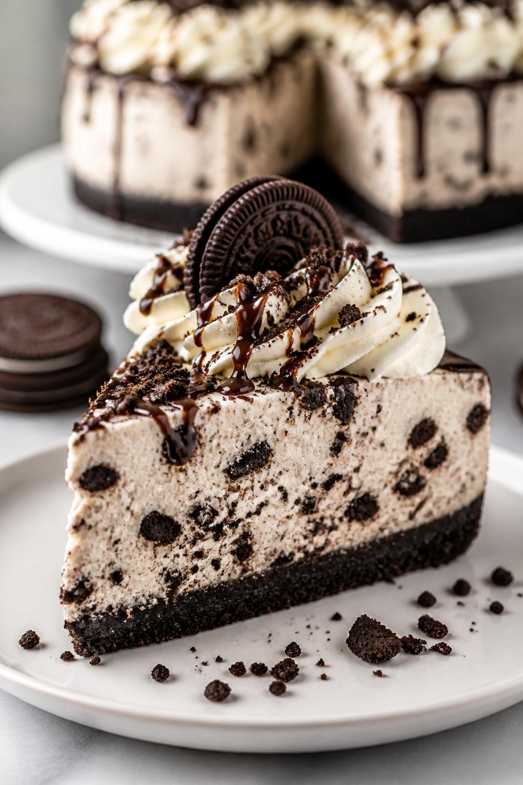 Close-up, three-quarter angle of the final plated slice of no-bake Oreo cheesecake on a matte white 