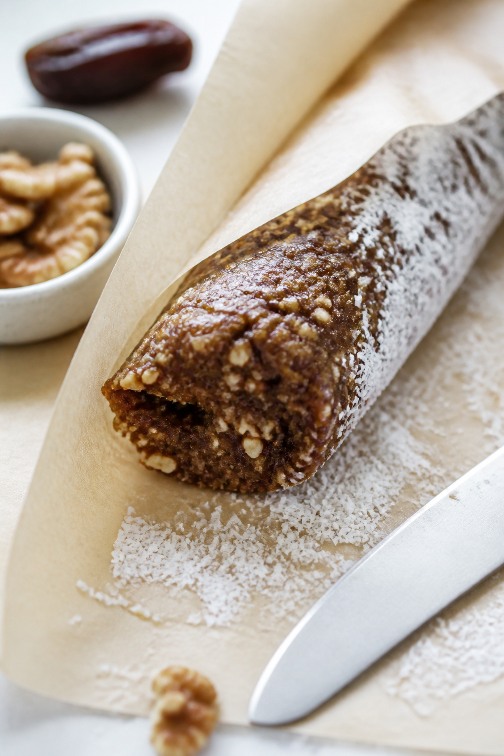 Cooking process close-up: A compact parchment-wrapped log of walnut date dough being rolled tight an