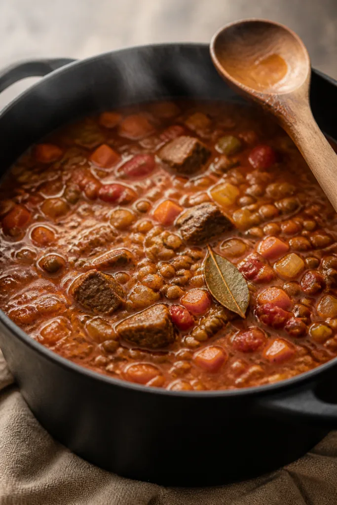 Cooking process close-up: A Dutch oven at a gentle simmer with Moroccan lamb and lentil soup mid-coo