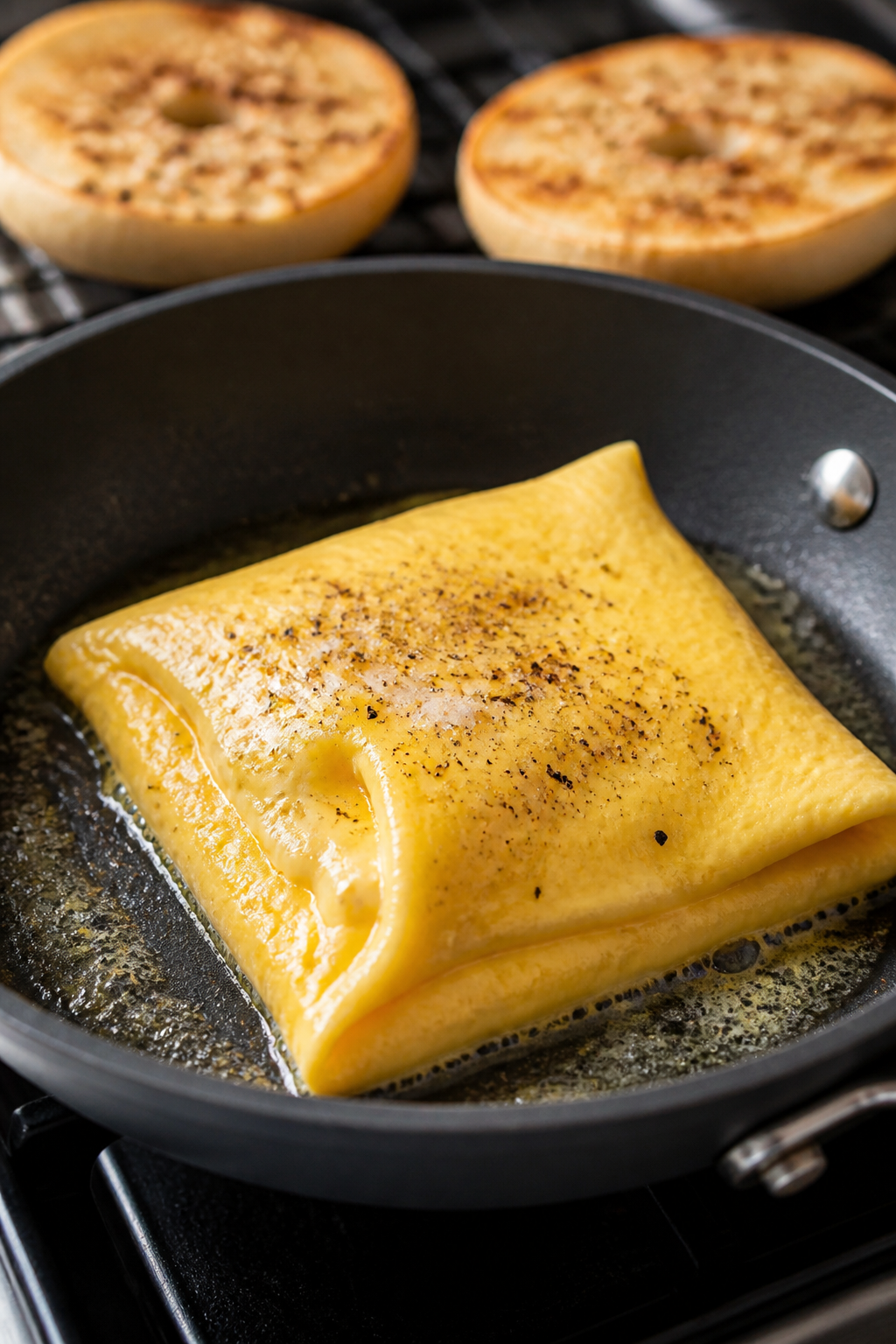 Cooking process close-up: A folded omelet-style egg cooking in a small nonstick skillet over medium 